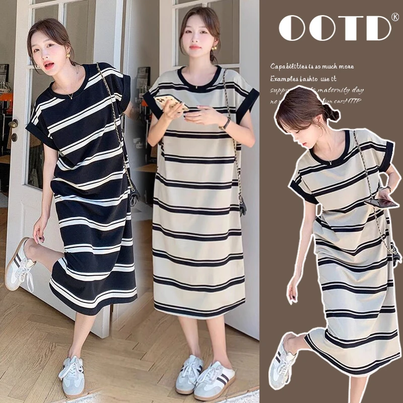 孕妇装夏季2025新款条纹袖口卷边侧开叉休闲中长款连衣裙外穿时尚