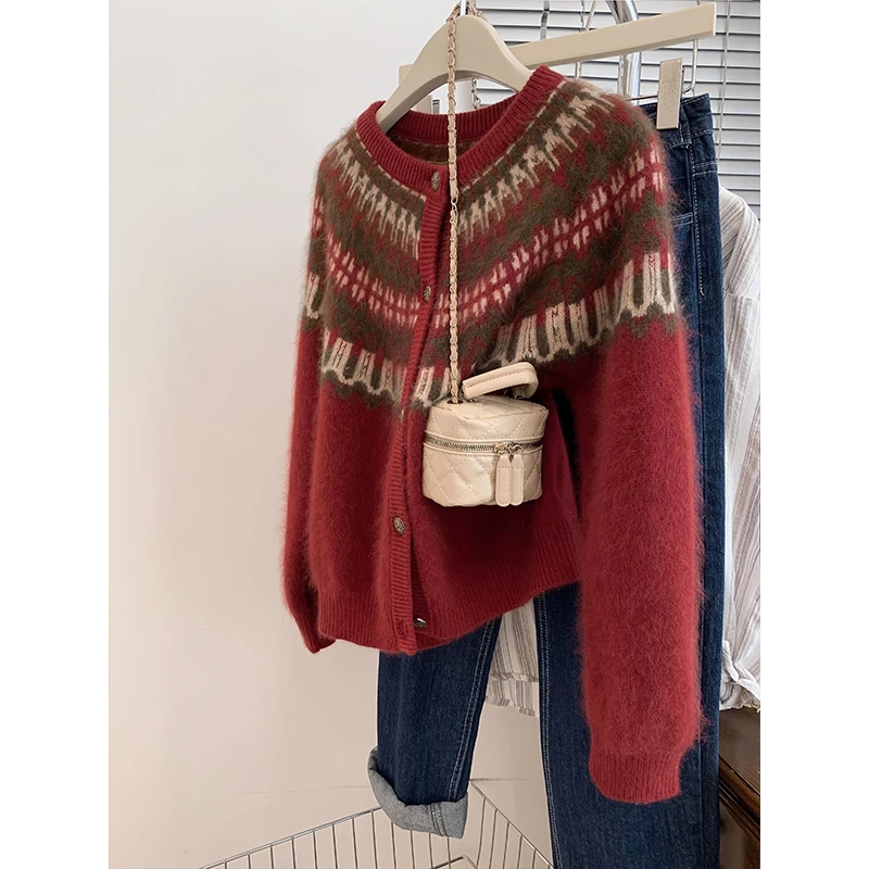 红色费尔岛设计感过年毛衣外套女2025秋冬新年加厚高级感针织开衫
