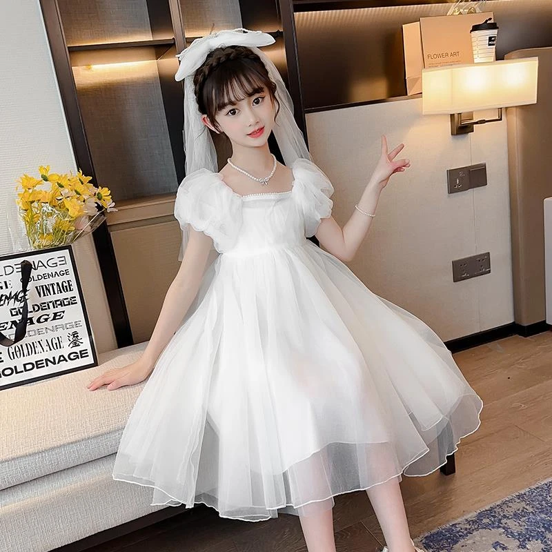 FAVMARTHA女童白色公主裙连衣裙夏季2025新款大儿童装生日花童礼