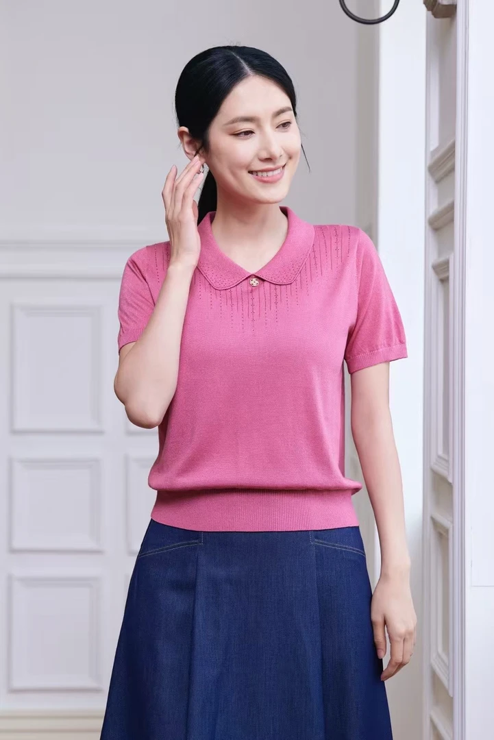 【100%莱赛尔天丝短袖】25年新款中年妈妈polo领天丝短袖针织衫