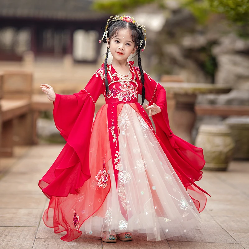 汉服女童2025新款拜年服中国风超仙战国袍红色儿童唐装唐朝公主