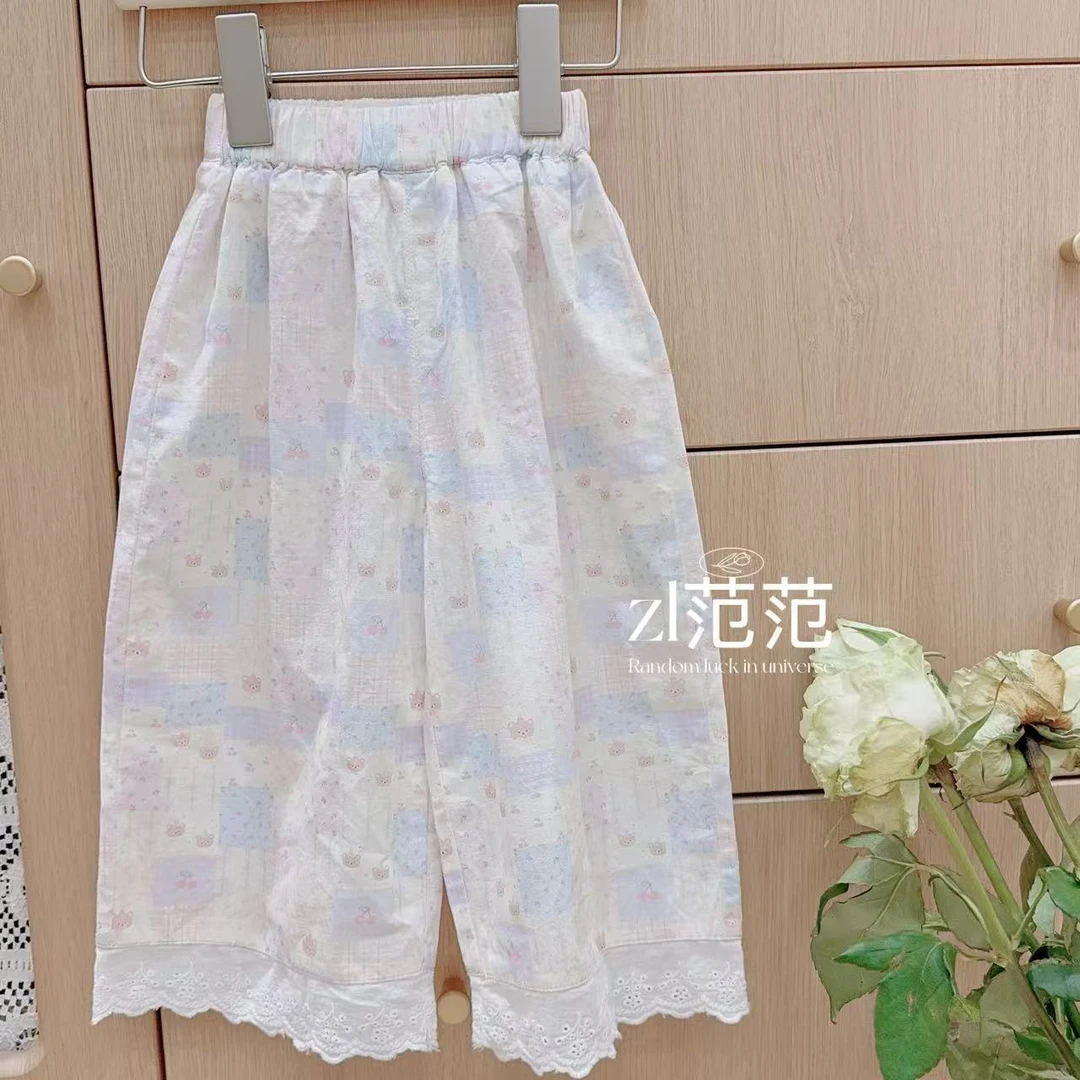 2025夏季新款女童全棉A类直筒蕾丝花边9分百搭防蚊裤
