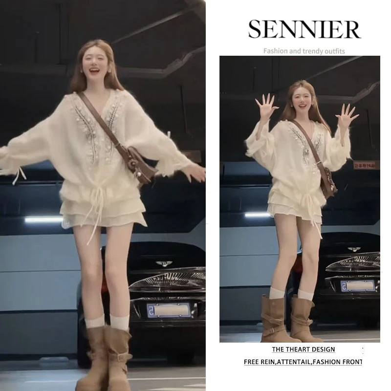 今年流行穿搭女2025早秋新款韩系抽绳v领针织衫百搭蛋糕裙两件套