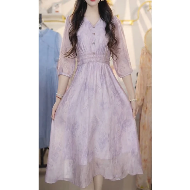L525春夏季新款2025法式温柔气质长裙度假显瘦紫色收腰连衣裙子女
