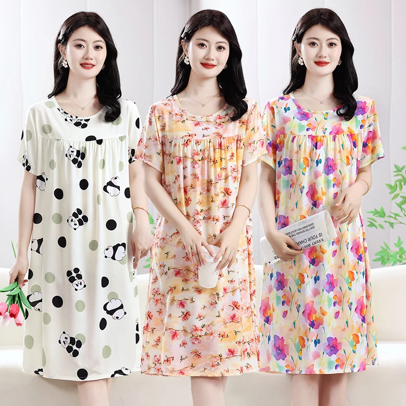 妈妈夏季新款印花棉绸睡裙女夏天休闲宽松睡衣人造棉短袖居家裙薄