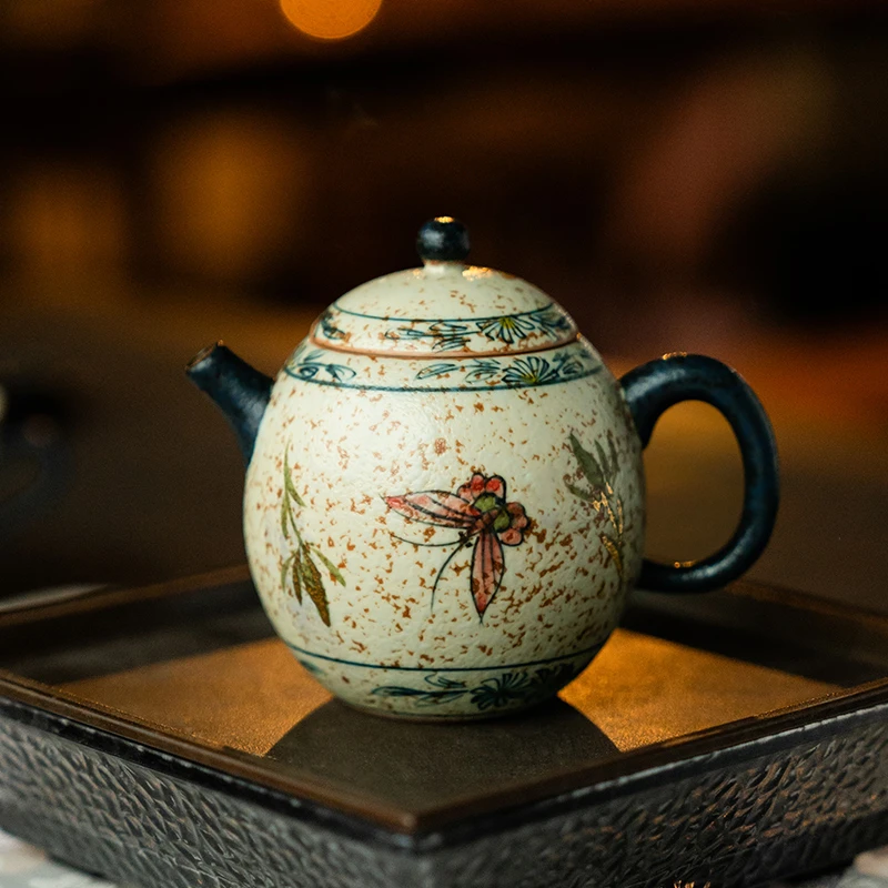 德白泡茶壶礼盒装女士送礼高档陶瓷高端青花火石红蝴蝶兰花蛋型壶