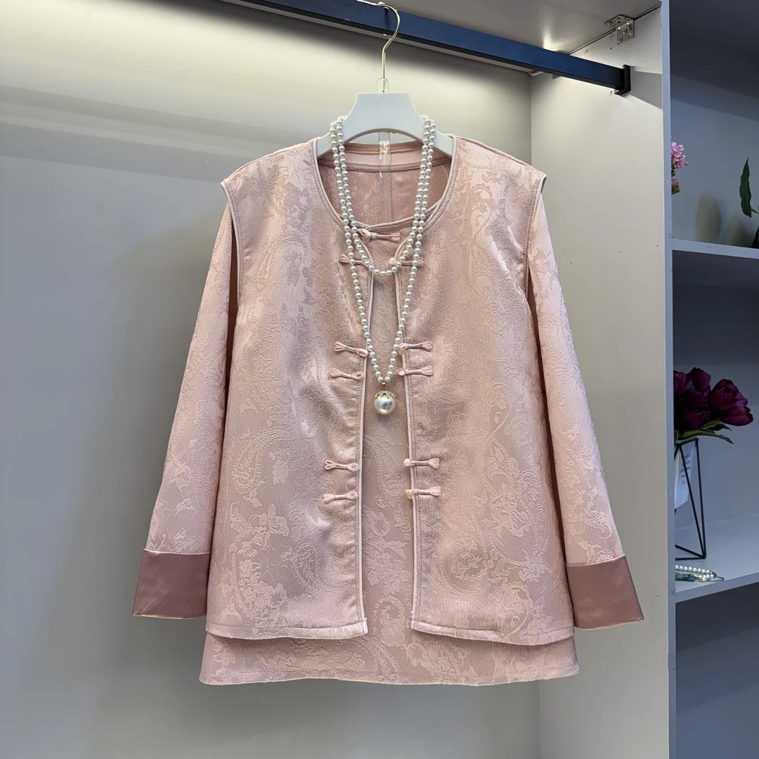 欧货2025大码女装新中式提花大衫高级感盘扣马甲气质两件套