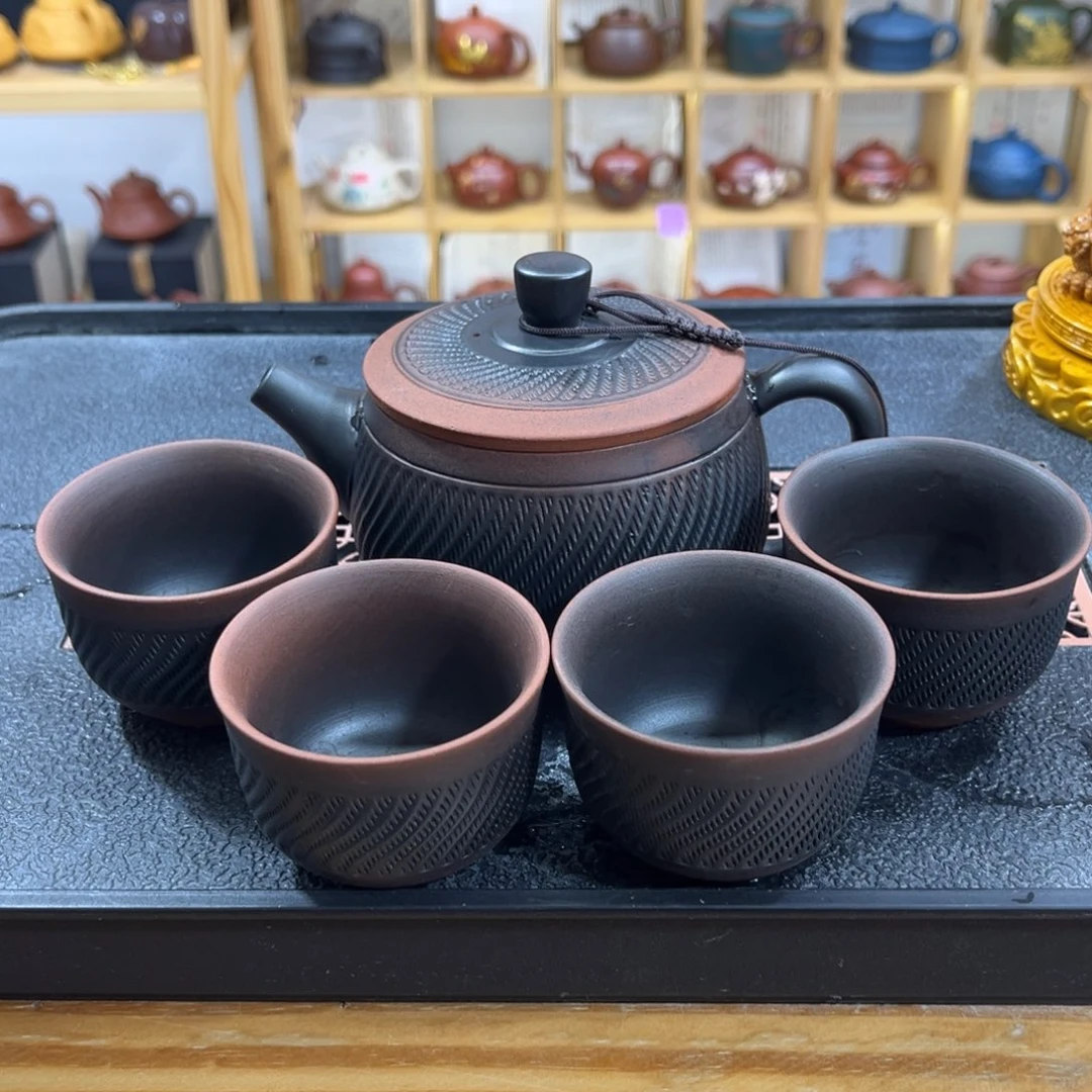 紫砂紫砂紫陶跳刀汉瓦（一壶四杯）