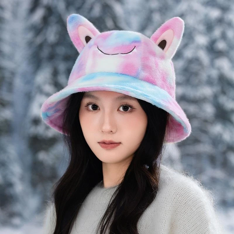 秋冬新款百搭扎染渔夫帽日系可爱笑脸卡通耳朵盆帽户外休闲保暖帽