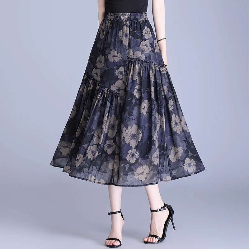 印花飘逸半身裙女夏季新款松紧腰雪纺大摆裙遮胯减龄中长款a字裙