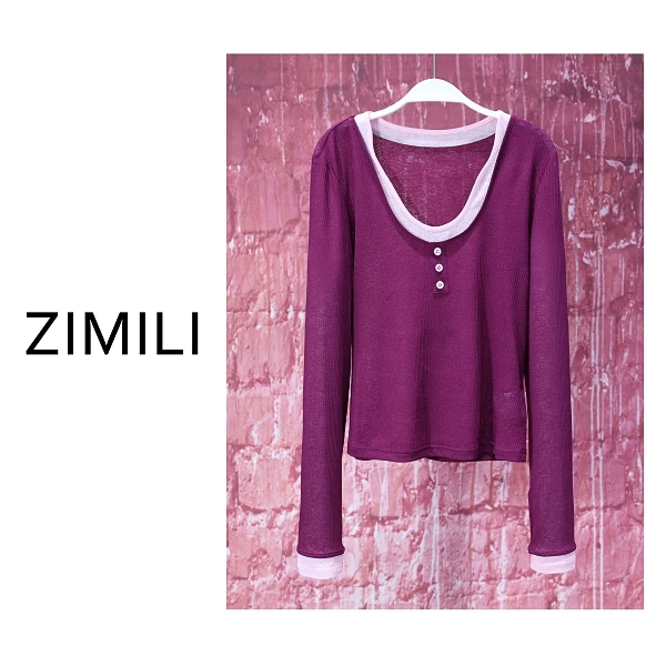 【亮哥女装】2025欧版《绽裂》茄紫色钉扣气质高弹打底上衣8186-A9