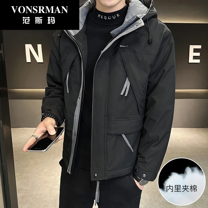 外套男士春秋棉袄2025新款帅气休闲连帽工装保暖夹克潮流冲锋衣