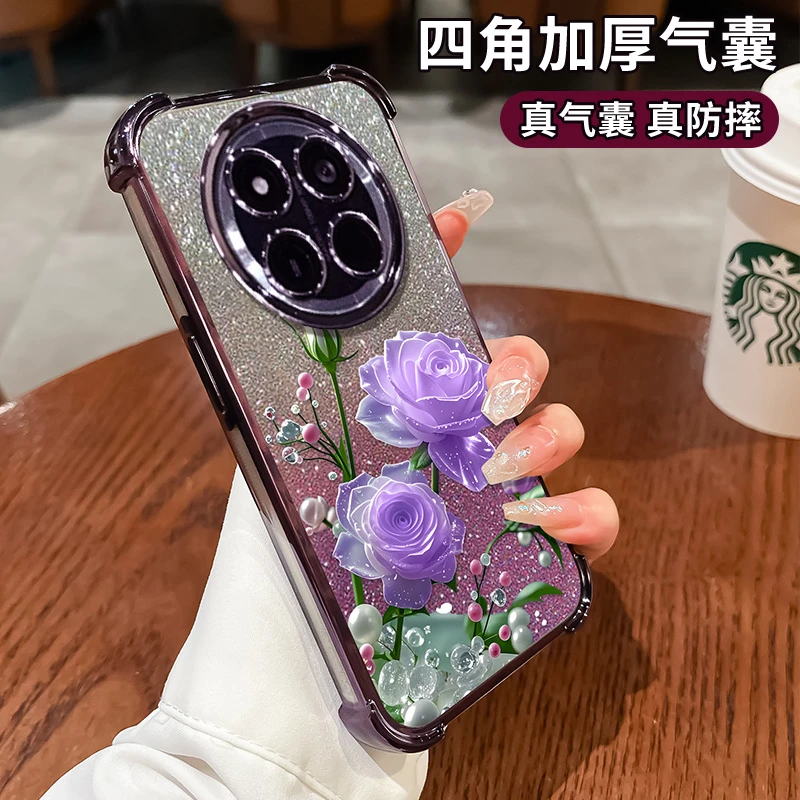 晶透玫瑰适用荣耀x60手机壳透明闪粉数码必备配件奢华女款ins高端