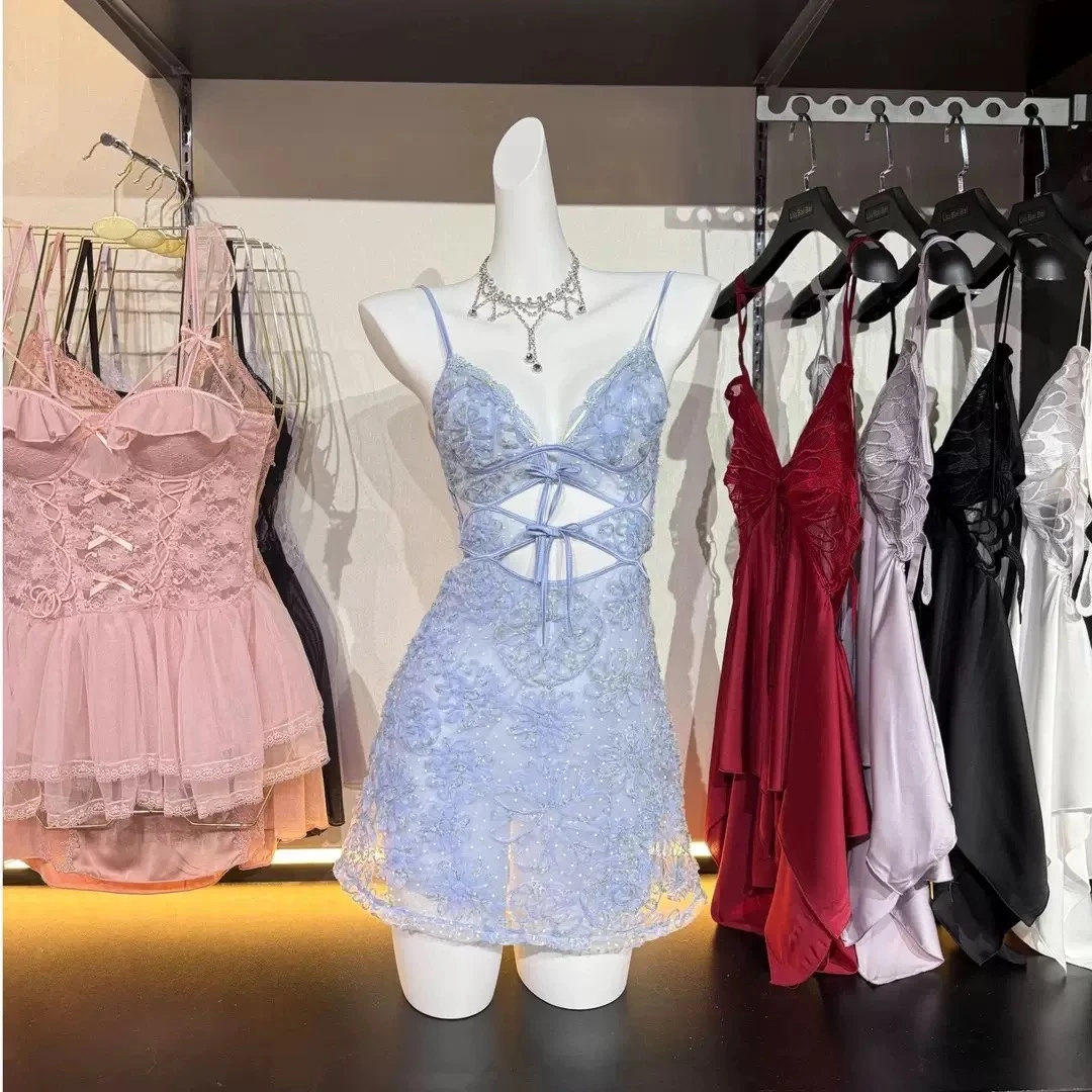 【枕小眠】莫奈花园：柔雾粉调刺绣连衣裙蕾丝性感少女动漫连体粉色