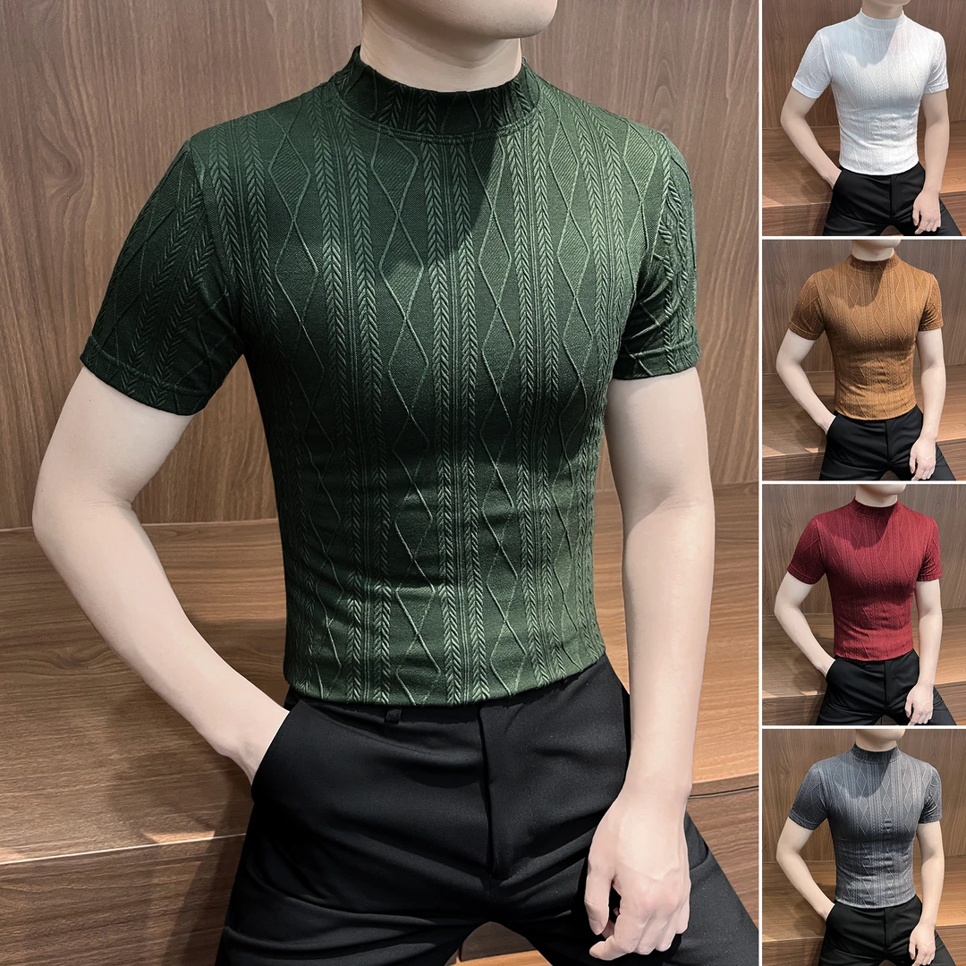 半高领短袖t恤男夏季网红洋气炸街男装条纹提花菱形格男士打底衫