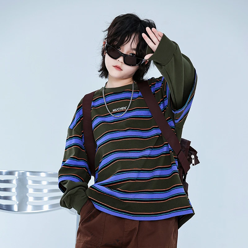 男童卫衣2025新款春秋潮牌拼色条纹长袖儿童假两件卫衣大童装上衣