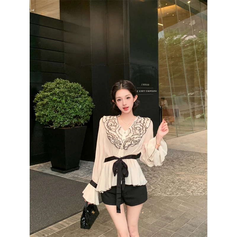 复古印花绑带收腰长袖衬衫女秋衣设计感千金气质杏色雪纺小衫新款
