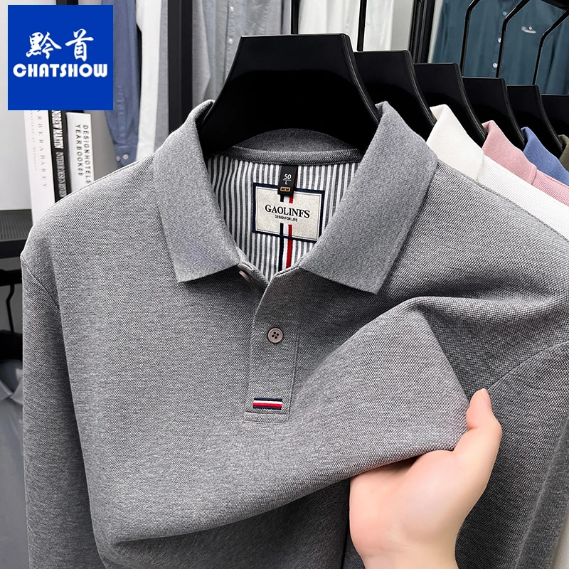 爆款丝光纯棉刺绣男士长袖翻领T恤新款时尚POLO衫商务休闲宽松t恤