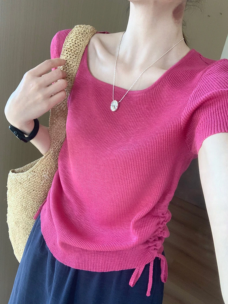 【大码】KHY1027抽绳U领短袖针织衫女2025新款胖mm女生韩系ins衣服