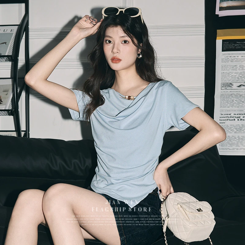 2025夏季新款设计感不规则荡领短袖T恤女收腰显瘦正肩体恤上衣
