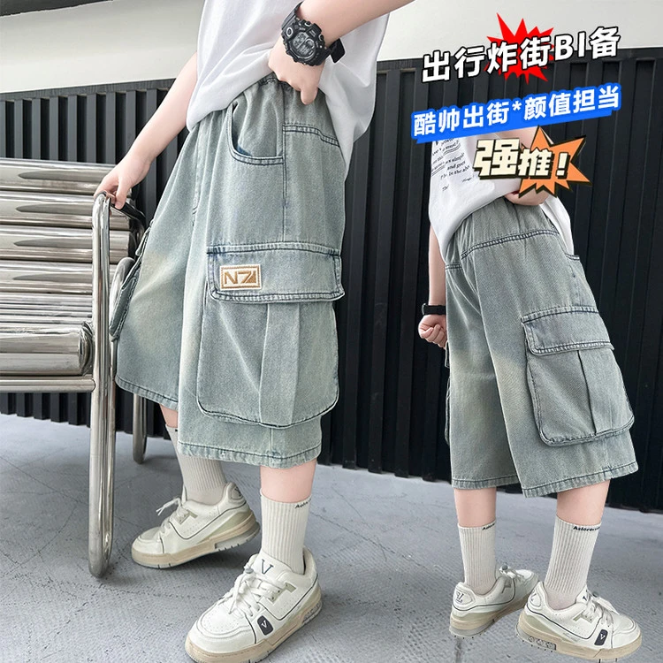 男童工装牛仔短裤夏季薄款中大童贴标超酷宽松儿童休闲五分裤洋气