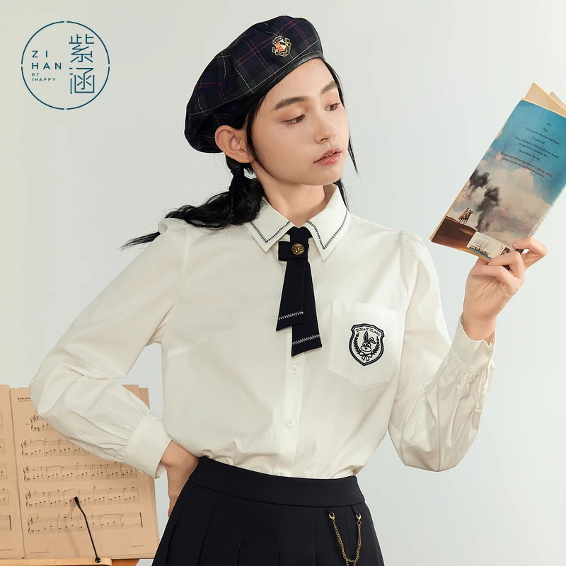 紫涵学院风领带刺绣长袖衬衫女秋季新款减龄翻领上衣Z4Z0JDS336