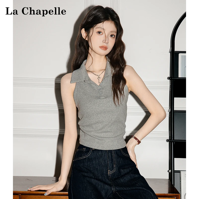拉夏贝尔美式复古翻领无袖吊带背心女款2025灰色通勤纯欲修身上衣
