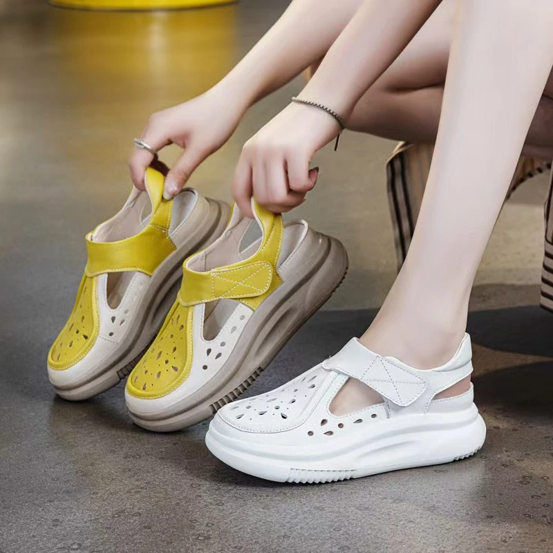 头层牛皮复古凉鞋女2025夏季新款镂空厚底拼色凉鞋轻便运动凉鞋