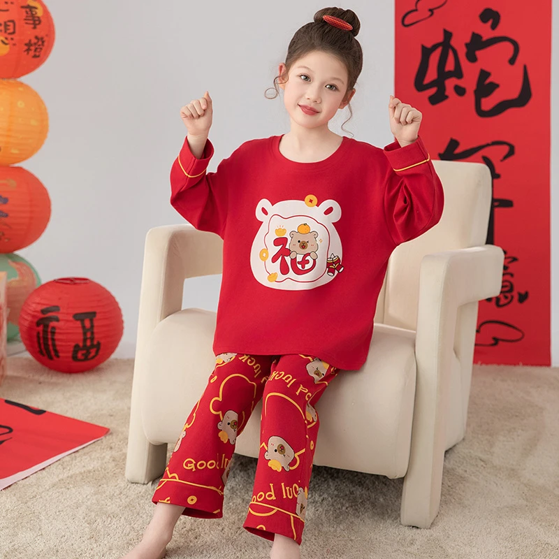 儿童睡衣春秋季2025年红色纯棉长袖本命年卡通女童宝宝家居服套装