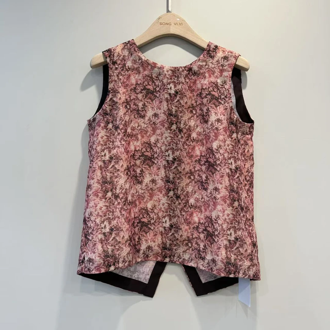 （老钱说）圆领苎麻宽松型碎花花色印花修身型女款直筒型背心性感风