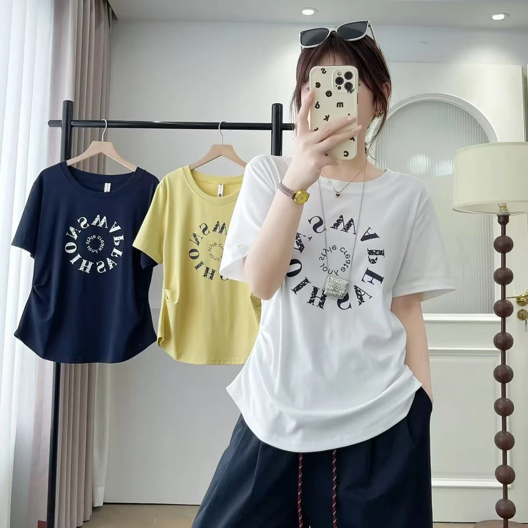 悦悦大码女装印花短袖字母大码网纱拼接T恤t恤少女风ins风