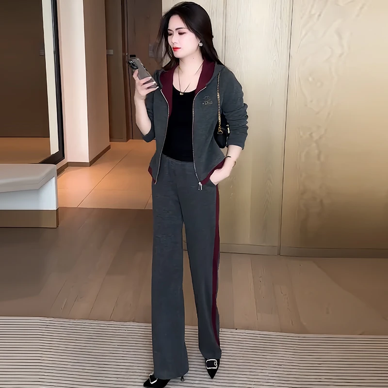 时尚休闲运动套装女士洋气短外套春秋新款小个子显瘦阔腿裤两件套