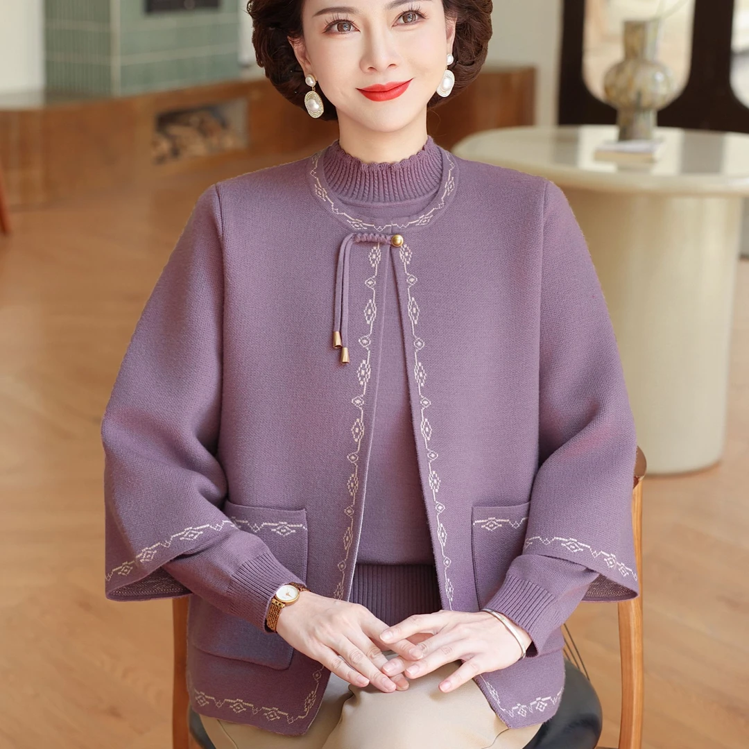 妈妈秋装两件套针织衫洋气上衣2025新款中老年女装新中式开衫毛衣