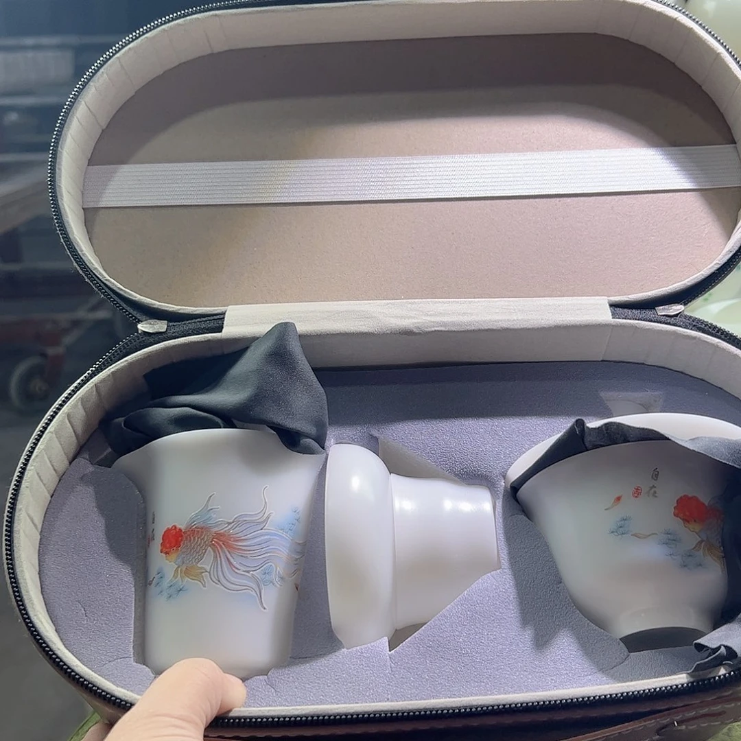 素烧璞玉金鱼款盖碗160ml茶海过滤组，3个60ml反口杯旅行装