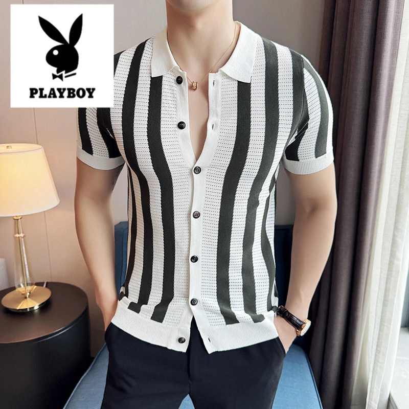 花花公子英伦型男修身条纹短袖POLO夏季冰丝针织休闲翻领半袖上衣