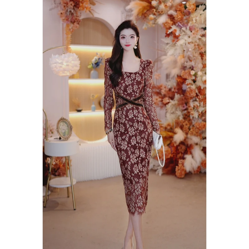 2025秋季新款气质法式轻奢蕾丝包臀显瘦长袖打底连衣裙1866