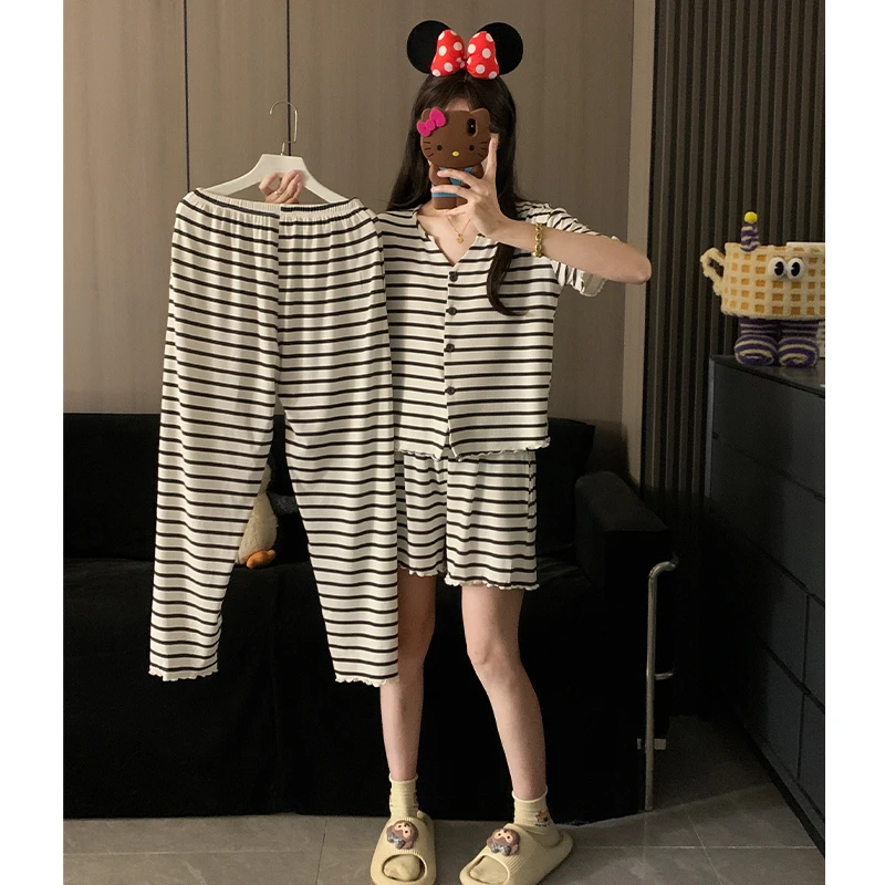 新款睡衣女三件套夏季短袖网红甜美条纹显瘦家居服套装夏天薄款