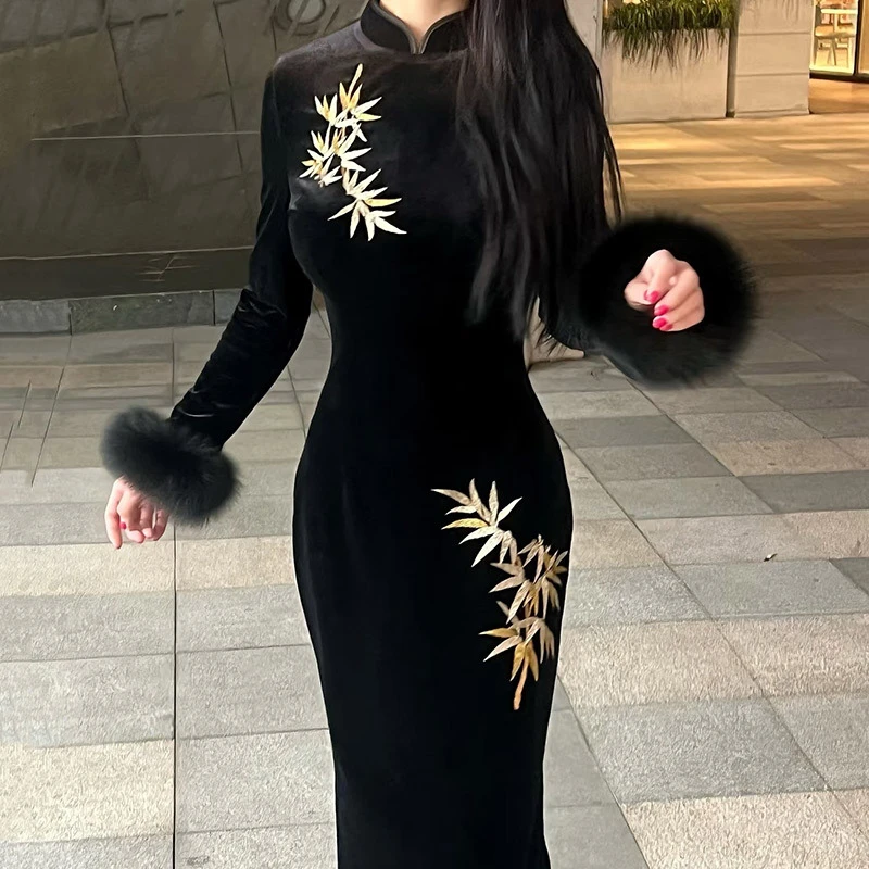 加绒加厚冬装黑色国风新中式长款长袖旗袍改良年轻款女复古秋冬季