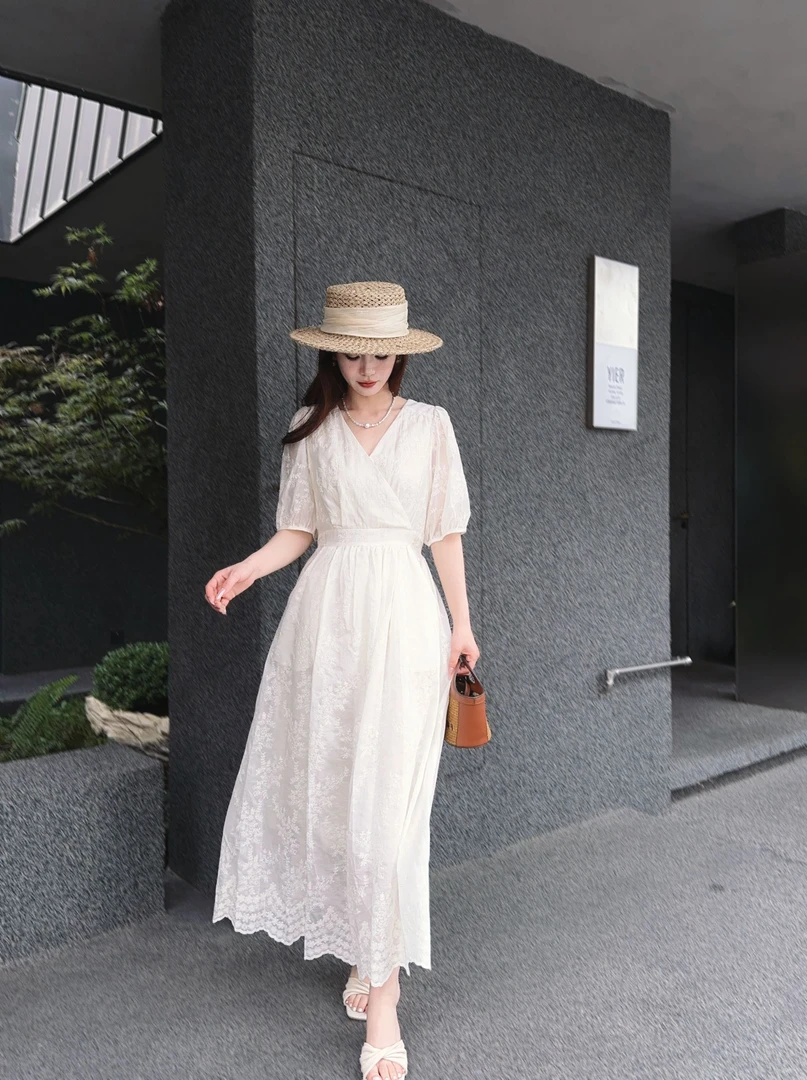 【1990】夏季高腰法式连衣裙女装裙子夏装蕾丝优雅温柔气质9027