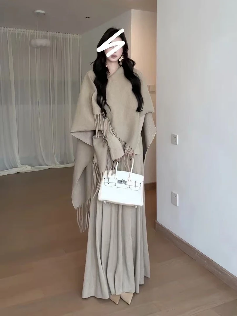 清妍清冷白月光温柔慵懒微胖早秋新款裙85062+披肩985062