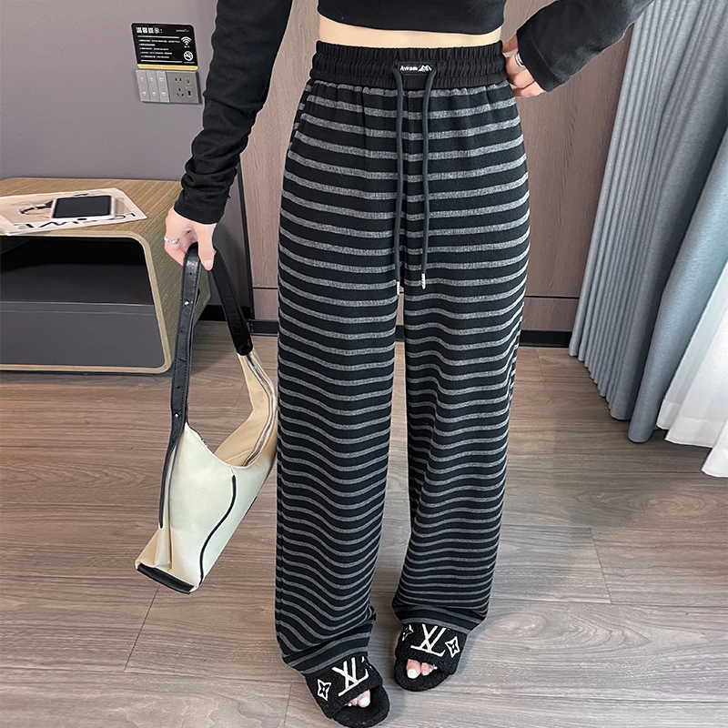 春秋高腰窄版阔腿裤女大码小个子复古针织卫裤横条纹休闲直筒裤子