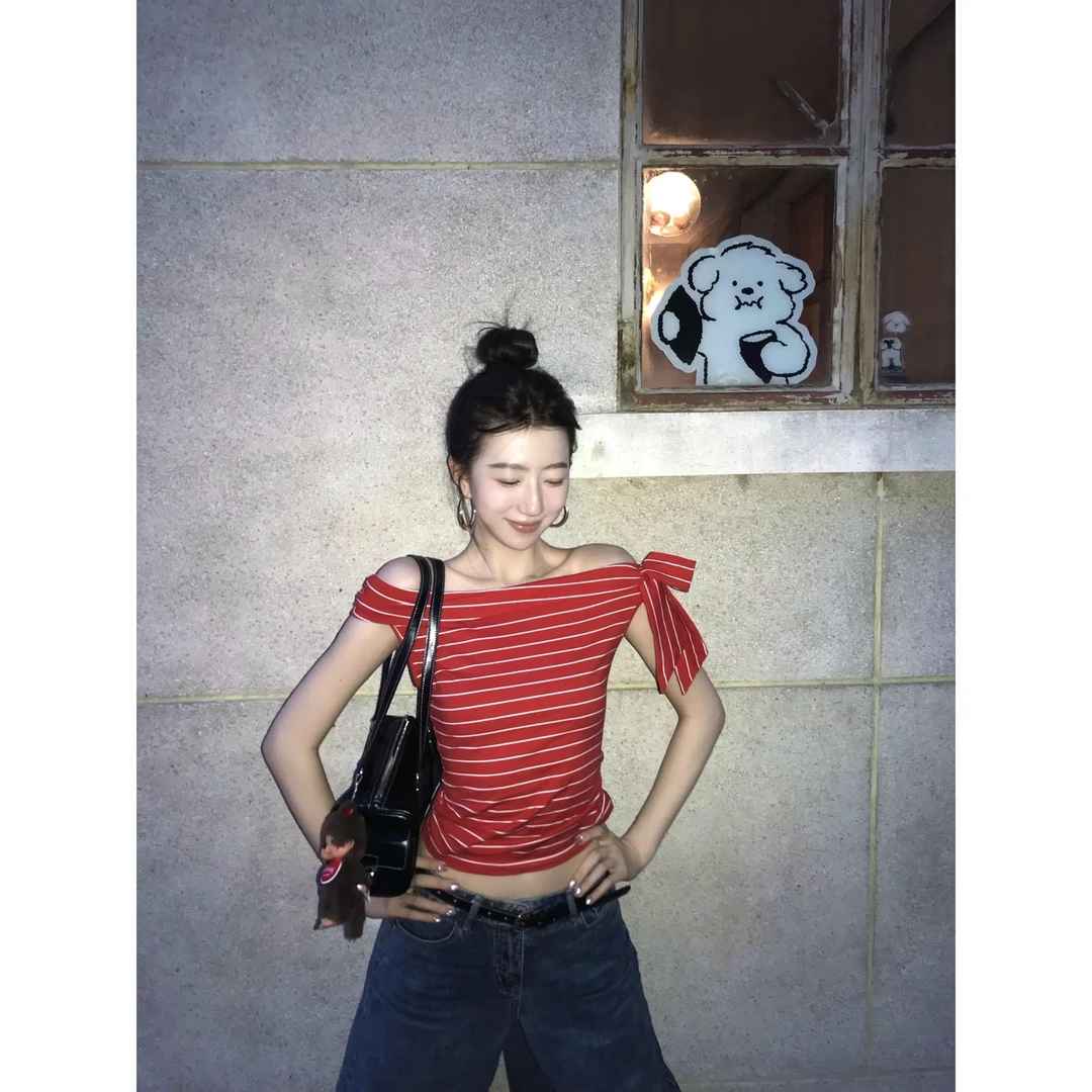 周末条纹~设计感小众绑带翻折一字领不规则设计收腰露肩t恤上衣