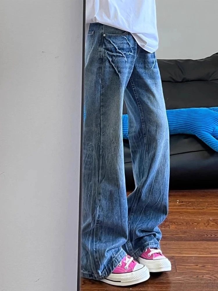 水洗闪电纹阔腿牛仔裤女夏季新款设计感宽松显瘦百搭直筒拖地裤子