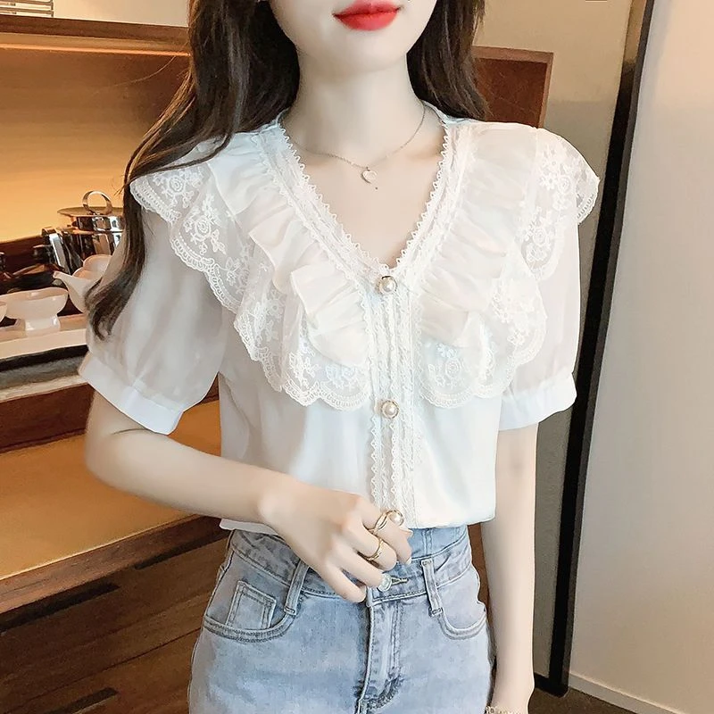 2025雪纺衫女夏季新款气质洋气v领衬衫荷叶边蕾丝短袖上衣女时尚