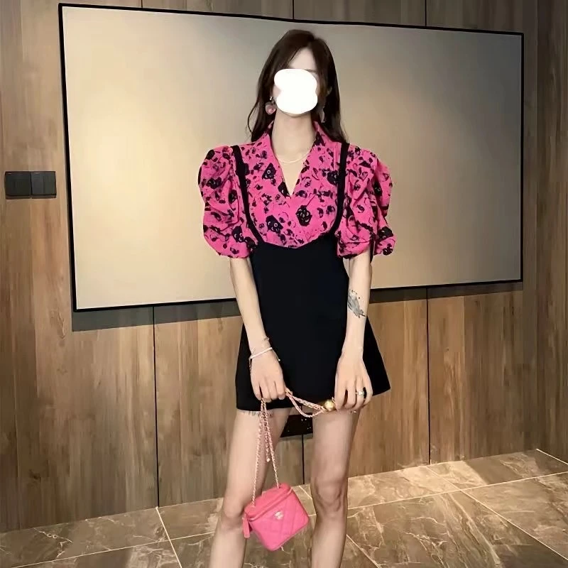 （倩倩）夏季玫红色泡泡袖上衣黑色背带半身裙5032-1+5032+5033