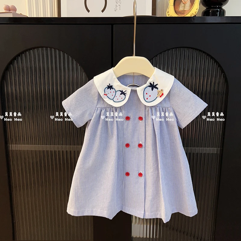 【甜甜baby】女童超萌日系穿搭条纹学院风连衣裙女宝短袖衬衣娃娃裙