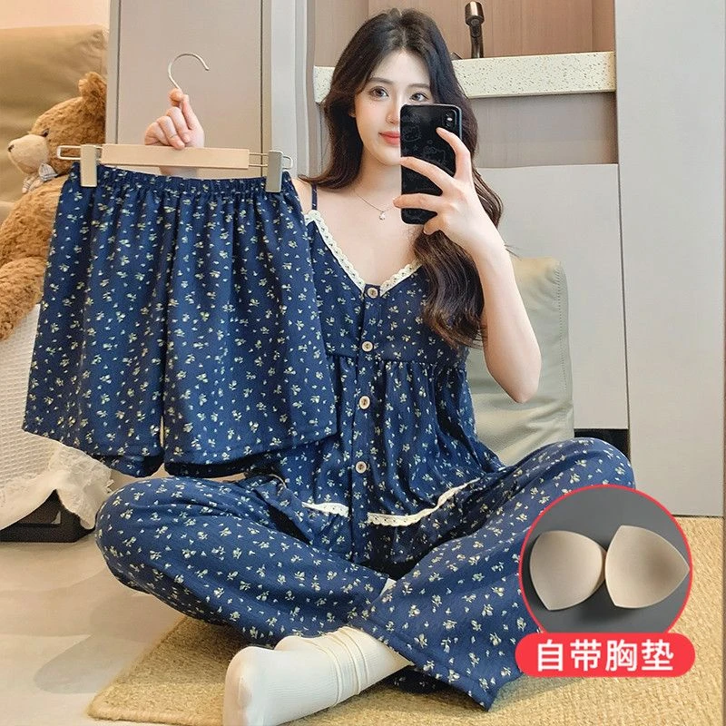 【带胸垫】睡衣女夏季新款云朵棉带吊带短裤长裤三件套可外出家居服