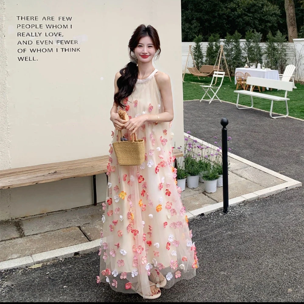 【花漾流年】法式无袖立体花朵海边度假网纱渐变仙女吊带连衣裙