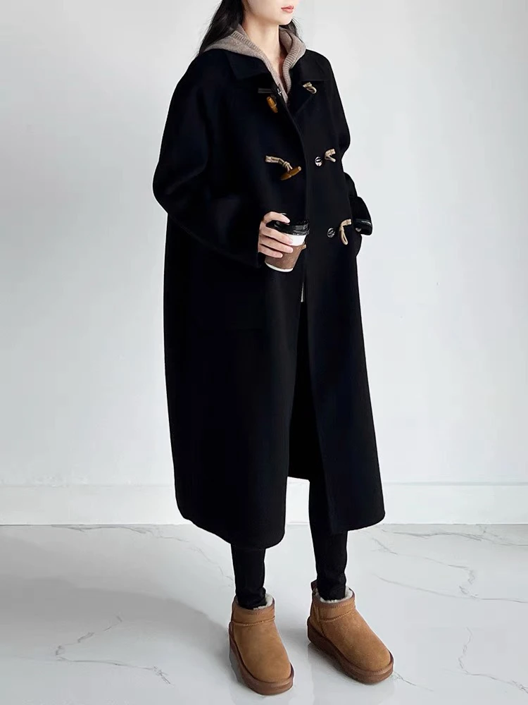 666款新款加厚保暖超细羊毛长款连帽牛角扣大衣