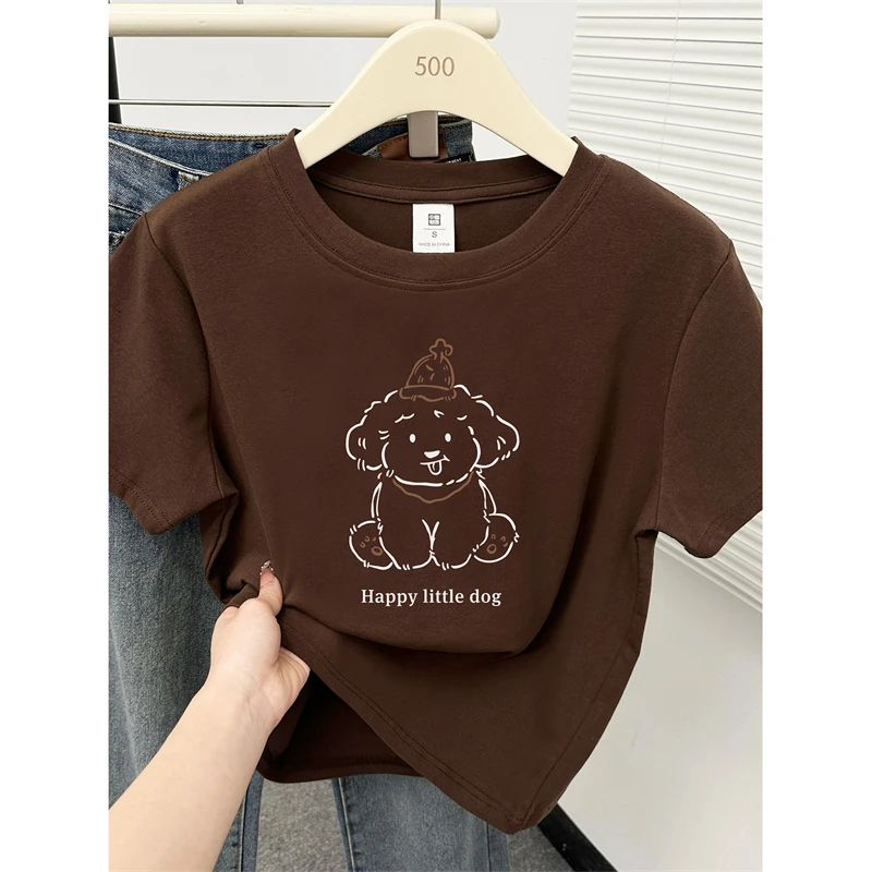 韩版正肩大码女装圆领小狗印花短袖t恤夏季新款胖mm遮肉显瘦上衣